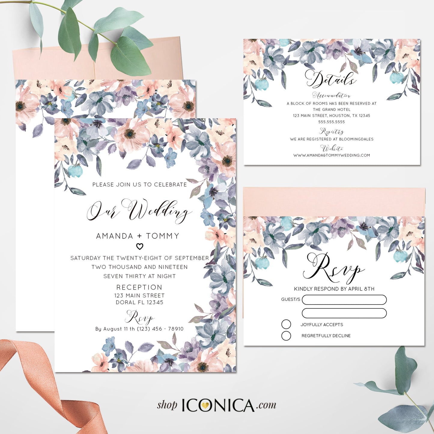 Wedding Invitation Romantic Floral Invitation Blush and Dusty Blue Floral Design Printed Cards or Electronic Invite {Chloe Collection}