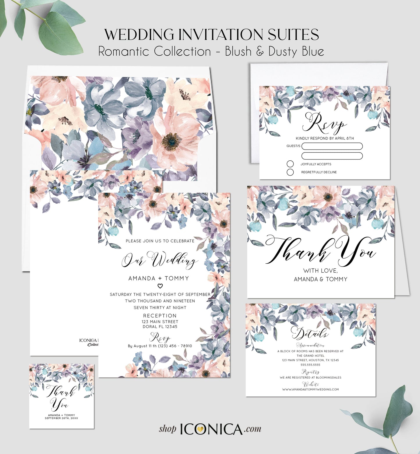 Wedding Invitation Romantic Floral Invitation Blush and Dusty Blue Floral Design Printed Cards or Electronic Invite {Chloe Collection}
