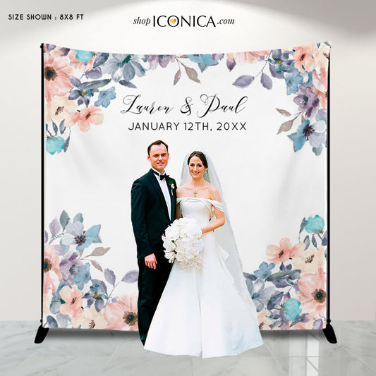 Wedding Backdrop for reception Blush Pink and Dusty Blue Floral Design Bridal shower Banner Personalized Photo backdrop {Chloe Collection}