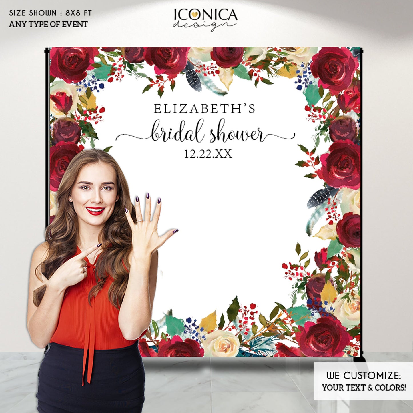 Wedding Backdrop for reception Boho Chic Floral Design Red Burgundy and Feathers Shower Photo backdrop Personalized {Cherish Collection }