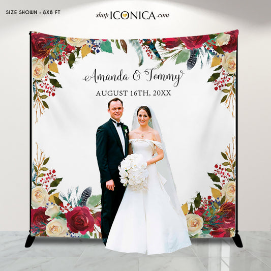 Wedding Backdrop for reception Boho Chic Floral Design Red Burgundy and Feathers Shower Photo backdrop Personalized {Cherish Collection }
