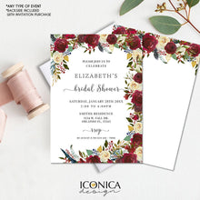 Load image into Gallery viewer, Boho Chic Bridal Shower Invitation Burgundy Red Floral and Navy Feathers Invitation Printed Cards or Electronic Invite {Cherish Collection}
