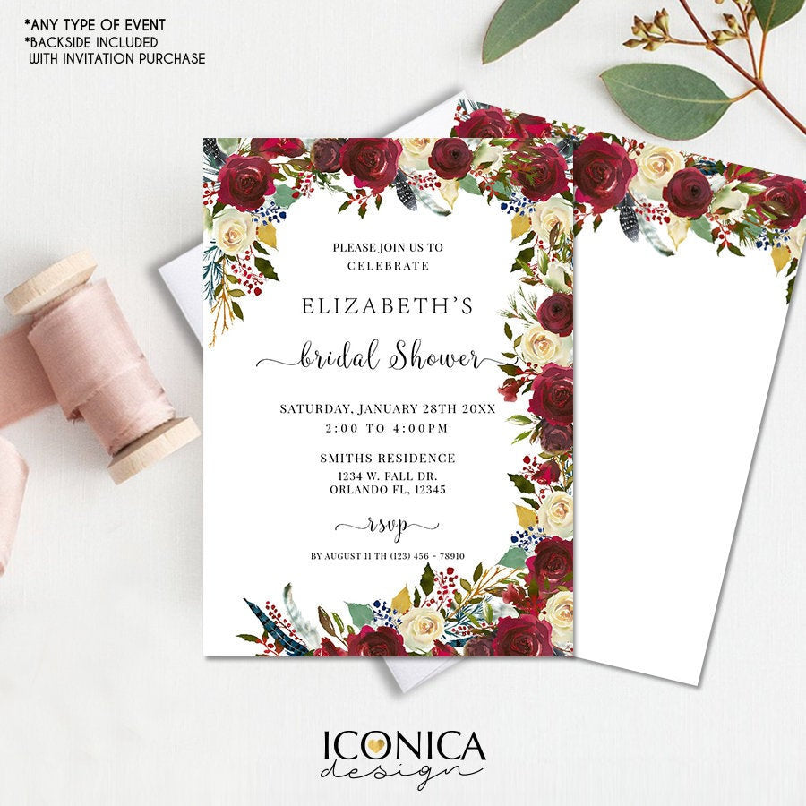 Boho Chic Bridal Shower Invitation Burgundy Red Floral and Navy Feathers Invitation Printed Cards or Electronic Invite {Cherish Collection}