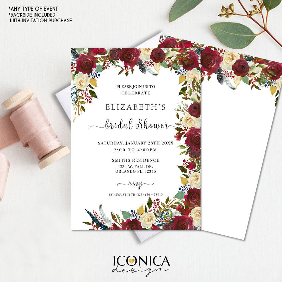 Boho Chic Bridal Shower Invitation Burgundy Red Floral and Navy Feathe –  Iconica Design, image size:900x900