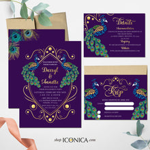 Load image into Gallery viewer, Wedding Invitation Peacock Invitation Deep Purple Green Blue Design Printed Cards or Electronic Invite {Annette Collection}
