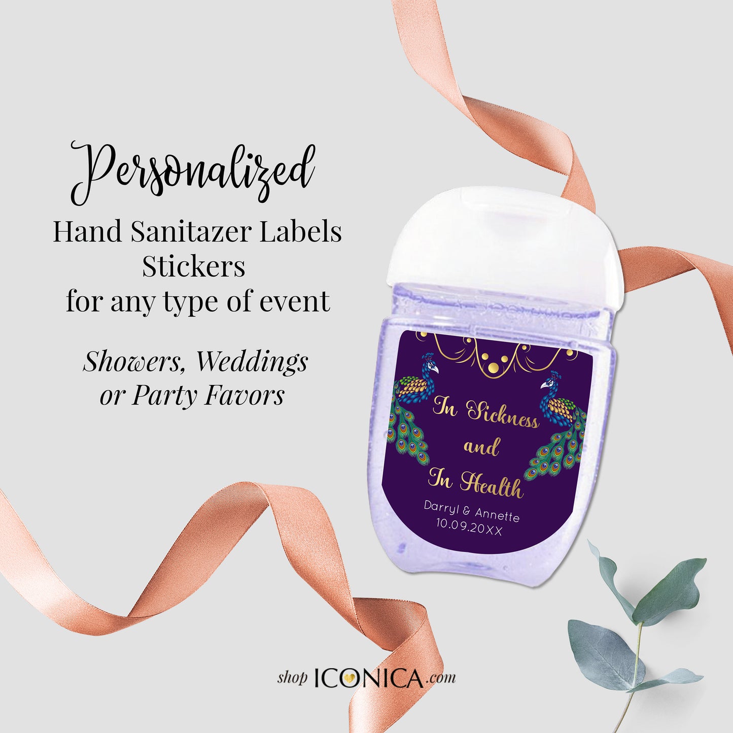 30 Personalized Labels Printed Peacock Hand Sanitizer Labels Peacock Antibacterial Labels Peacock Stickers for Antibacterial Favors