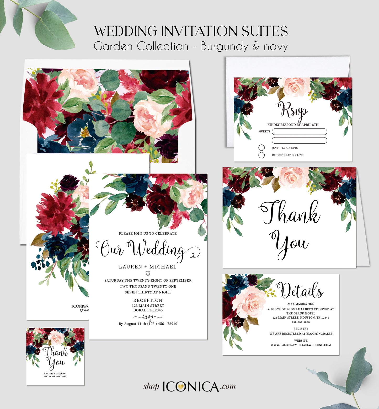 Wedding Invitation Floral Fall Red and Blue Invitation navy Burgundy Floral Invitation Printed Cards or Electronic Invite {AVA Collection}