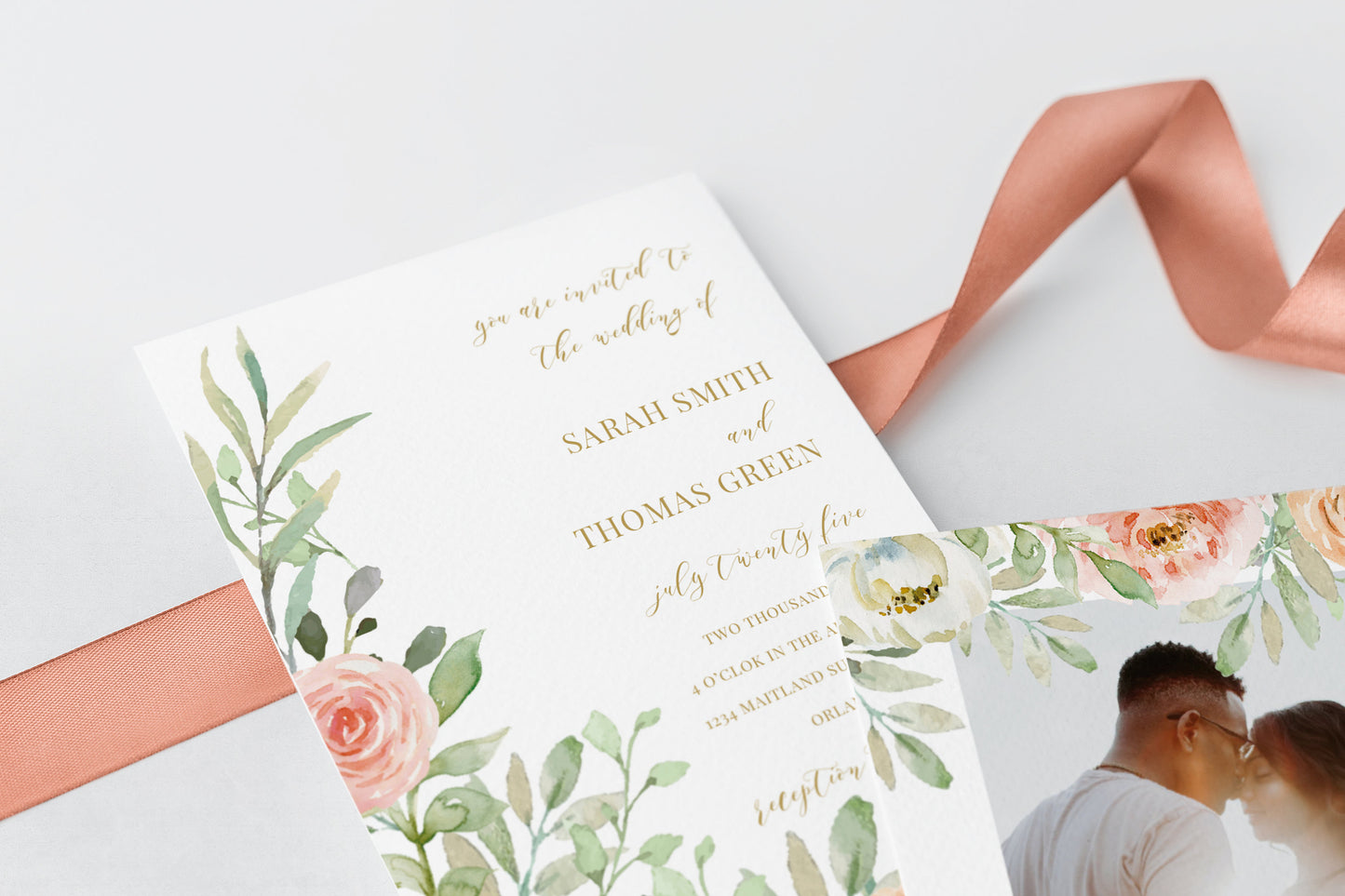 Floral Wedding Invitation Pink Peach Watercolor Floral Invitation Shower Invitations Printed Cards or Electronic Invite-Sarah Collection