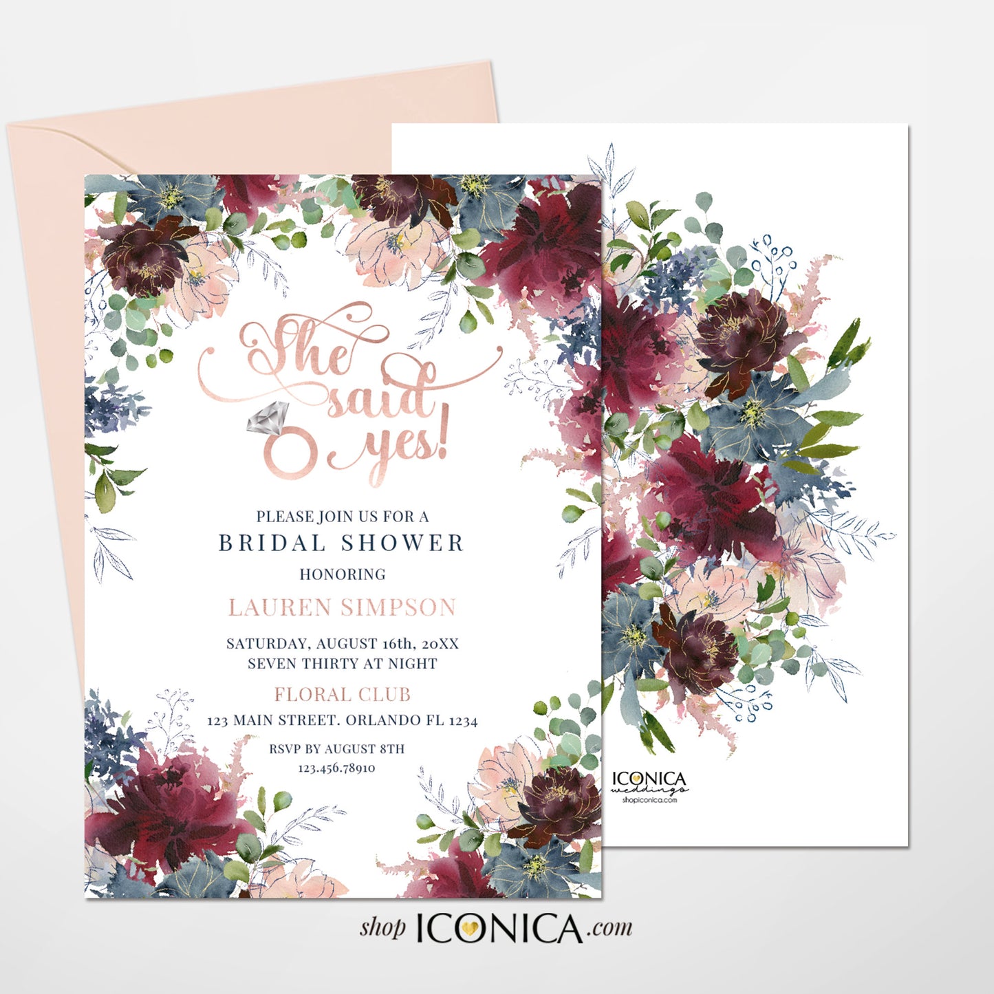 BRIDAL SHOWER CARDS - Dusty Blue Cards - Blush Invites Card - Floral Design Card - Electronic Invite - Flower Invites {Wish Collection}