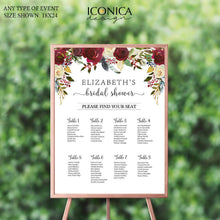 Load image into Gallery viewer, Boho Chic Bridal Shower Seating Chart Burgundy Red Floral Printed Seating Chart Guest List Seating Chart Template {Cherish Collection}
