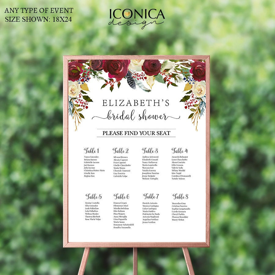 Boho Chic Bridal Shower Seating Chart Burgundy Red Floral Printed Seating Chart Guest List Seating Chart Template {Cherish Collection}