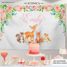 Load image into Gallery viewer, Woodland Backdrop Forest Animals Backdrop Personalized Fall Party Backdrop Woodland Party Photo Booth {Pink Floral Woodland Collection}
