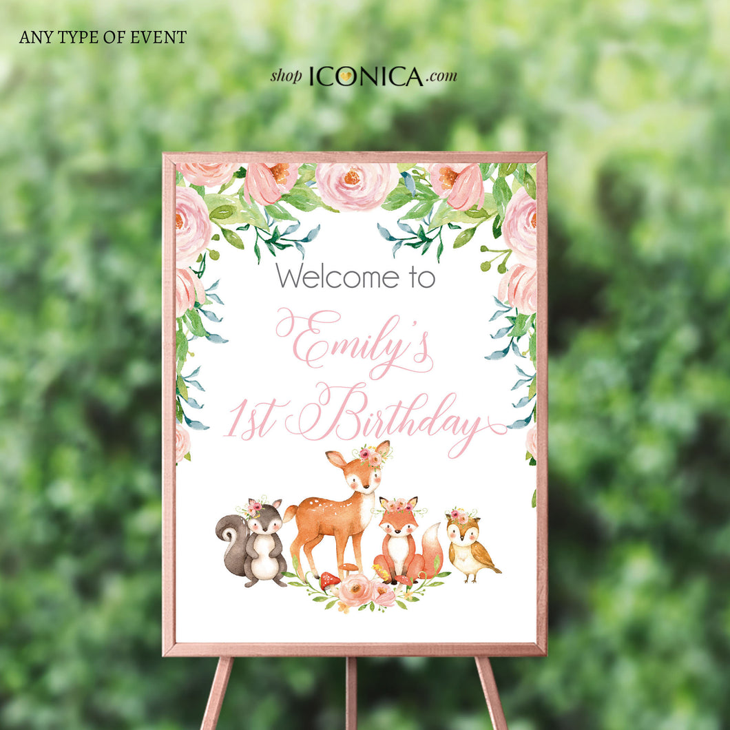 Woodland Party Welcome Sign Personalized Printed Woodland Girls Party Sign Forest Animals First Birthday {Pink Floral Woodland Collection}
