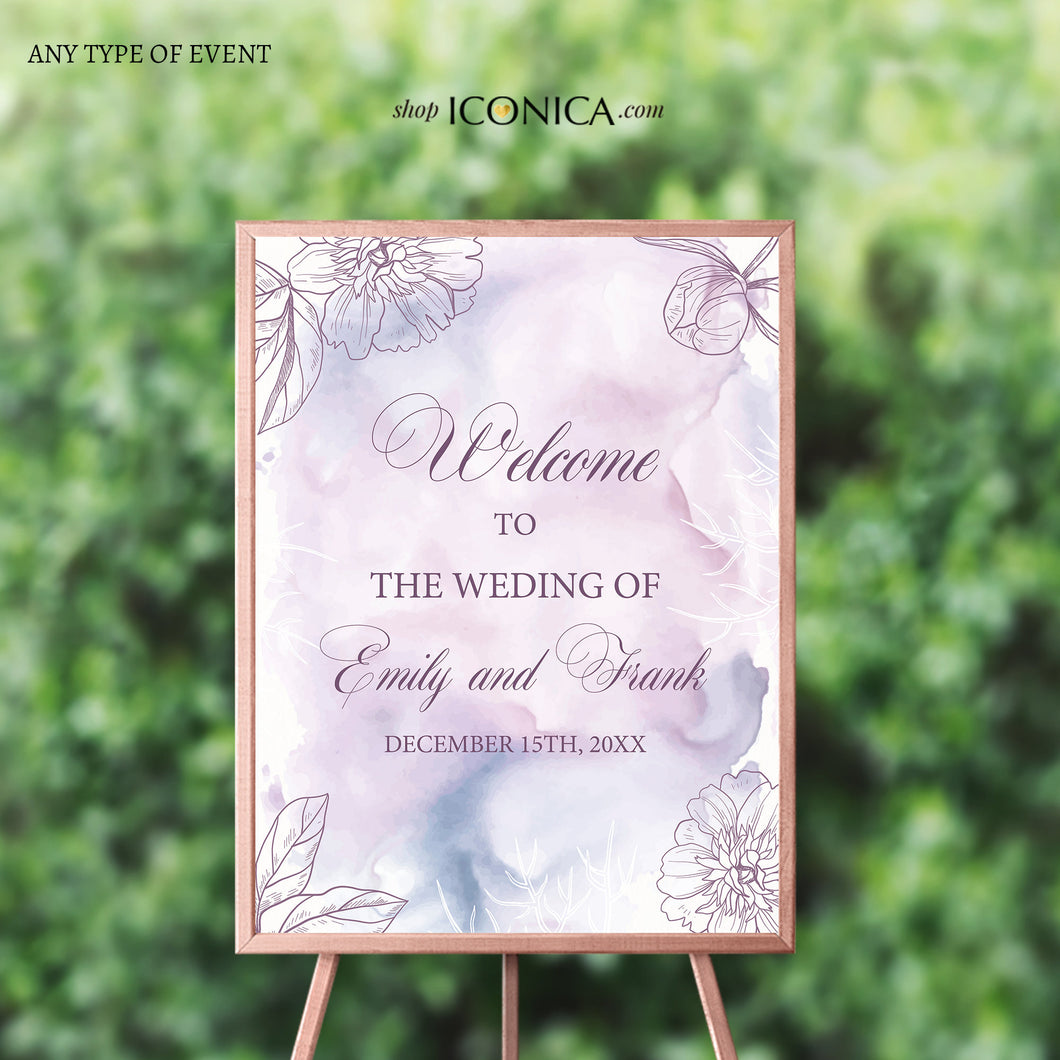Wedding Welcome Sign Personalized Floral Purple Fall Wedding Watercolor Lilac Sign Engagement Party Sign {Adoria Collection}