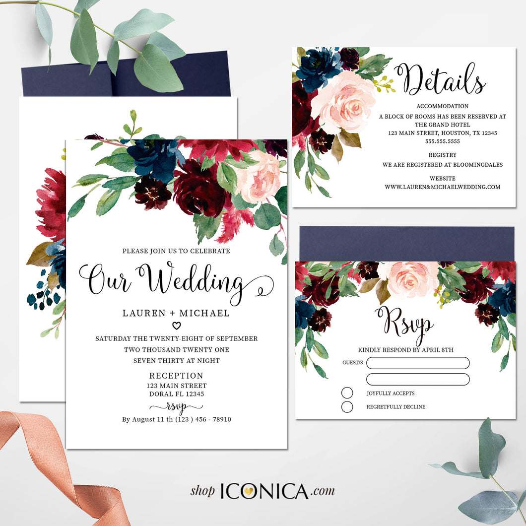 Wedding Invitation Floral Fall Red and Blue Invitation navy Burgundy Floral Invitation Printed Cards or Electronic Invite {AVA Collection}