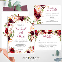 Load image into Gallery viewer, Wedding Invitation Floral Fall Red and Pink Invitation Burgundy Floral Invitation Printed Cards or Electronic Invite {Brigitte Collection}

