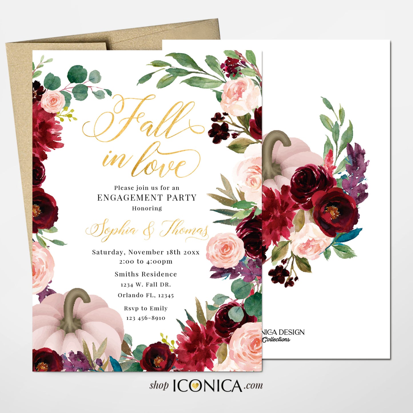 Fall in Love Bridal Shower Invitation Fall Leaves Burgundy Flowers Fall Engagement party invitation Fall dinner party {AUTUMN Collection}