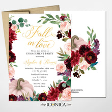 Load image into Gallery viewer, Fall in Love Bridal Shower Invitation Fall Leaves Burgundy Flowers Fall Engagement party invitation Fall dinner party {AUTUMN Collection}
