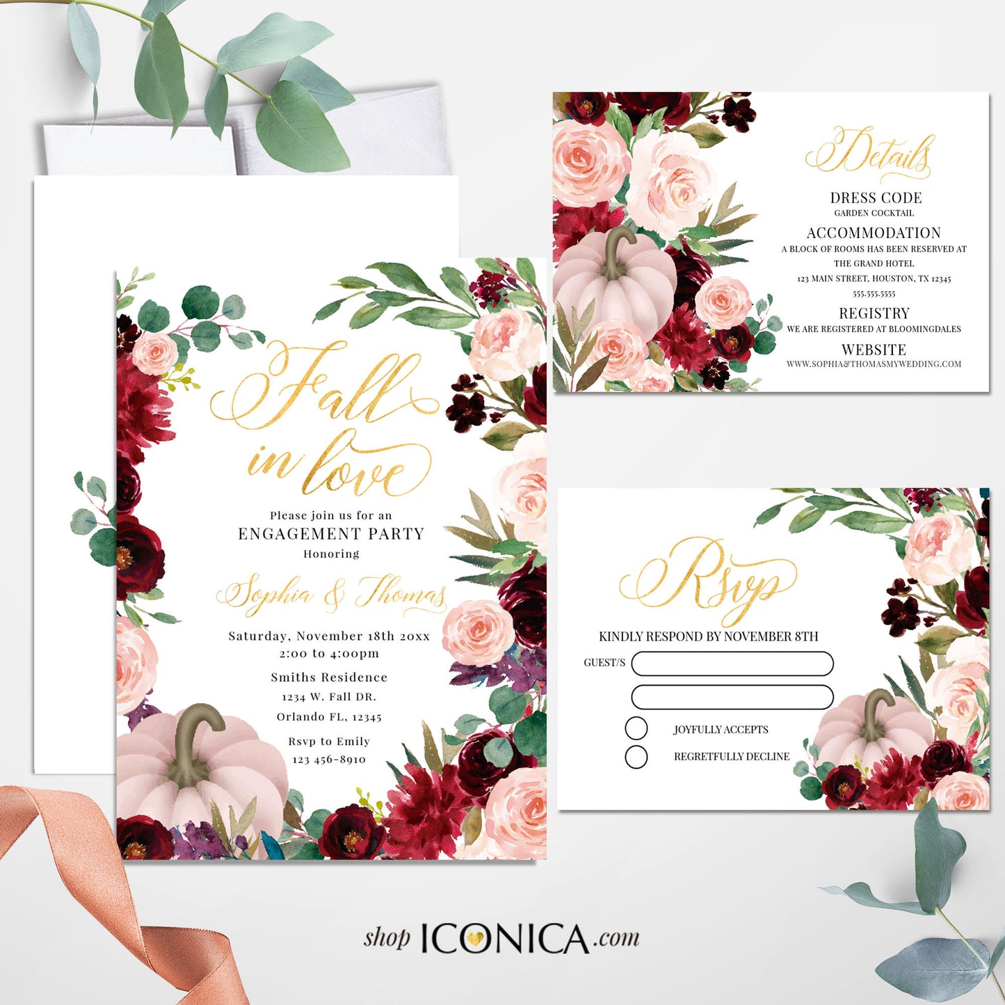 Fall in Love Bridal Shower Invitation Fall Leaves Burgundy Flowers Fall Engagement party invitation Fall dinner party {AUTUMN Collection}