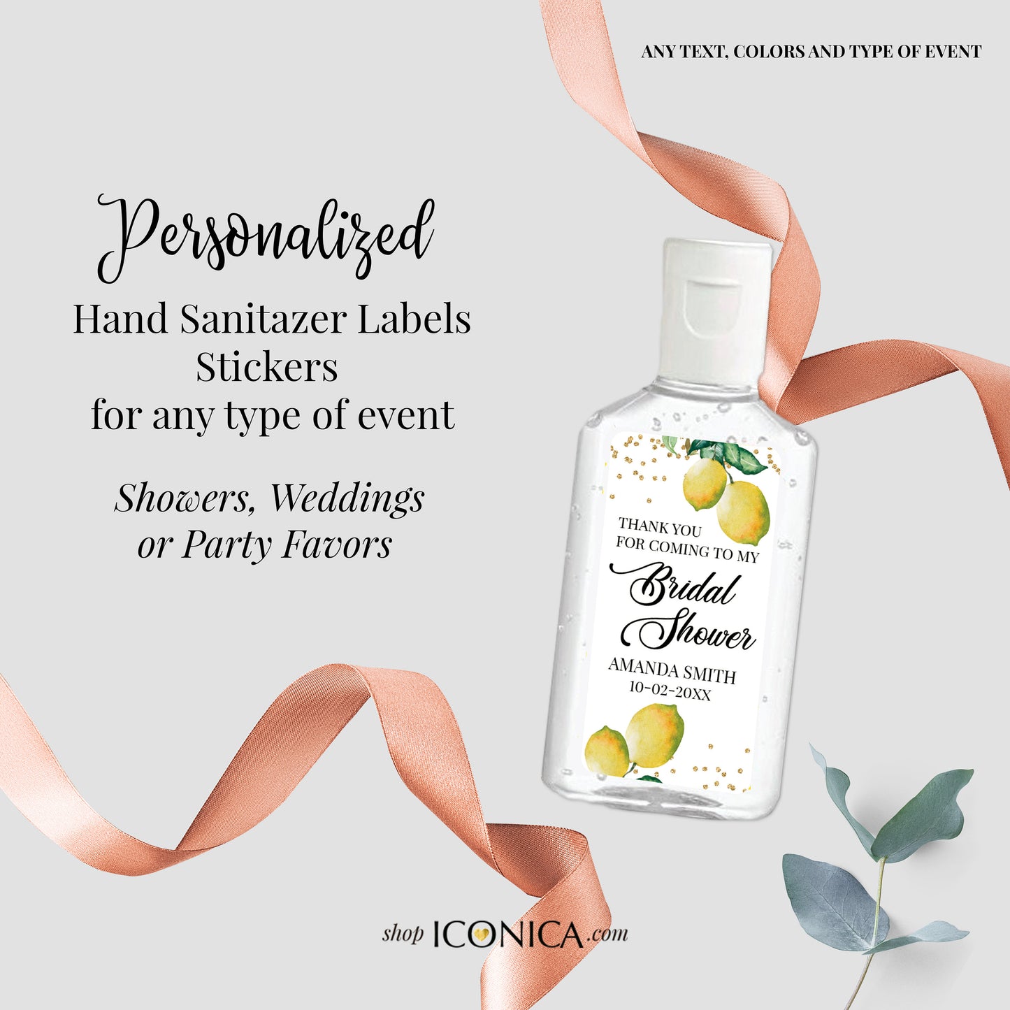 40 Personalized Labels Printed 1" w x 2"h Hand Sanitizer Labels Fits Purell 1oz, Lemon Antibacterial Labels Lemons Design