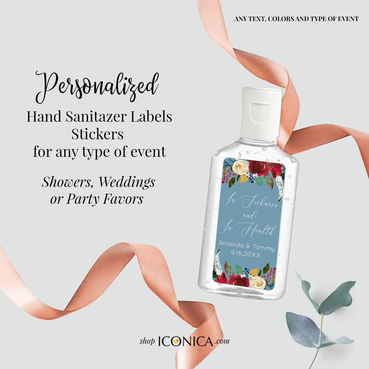 40 Personalized Labels Printed 1"w x 2"h Hand Sanitizer Labels Fits Purell 1oz Boho Burgundy Red Flowers and Feathers Antibacterial Stickers