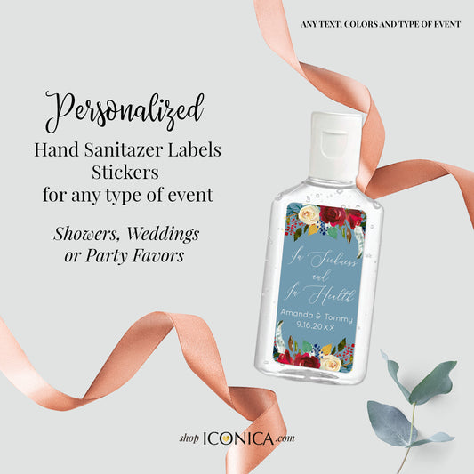 40 Personalized Labels Printed 1"w x 2"h Hand Sanitizer Labels Fits Purell 1oz Boho Burgundy Red Flowers and Feathers Antibacterial Stickers