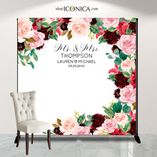 Load image into Gallery viewer, Wedding Backdrop Burgundy Mauve and Blush Pink Backdrop Personalized Fall Wedding Step and Repeat Engagement Party Burgundy Floral backdrop
