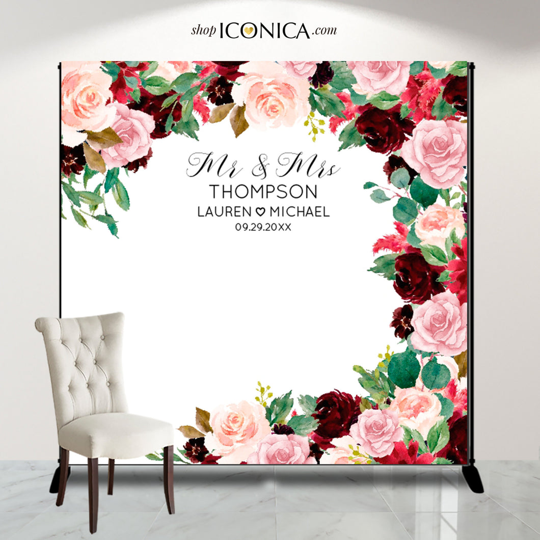 Wedding Backdrop Burgundy Mauve and Blush Pink Backdrop Personalized Fall Wedding Step and Repeat Engagement Party Burgundy Floral backdrop
