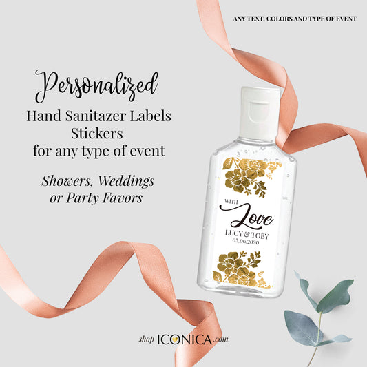 40 Personalized Labels Printed 1" w x 2"h Hand Sanitizer Labels Fits Purell 1oz Gold Floral labels Custom Antibacterial Labels