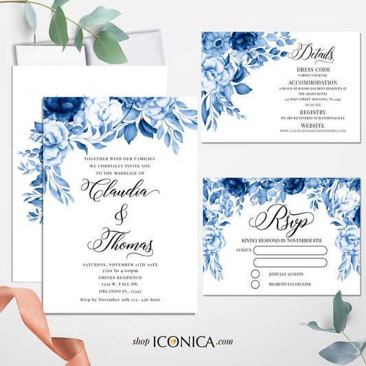 Wedding Invitation Blue Floral Blue Engagement Party invitation Blue Garden Invite Watercolor Blue Engagement Winter Party {Celestia Collection}