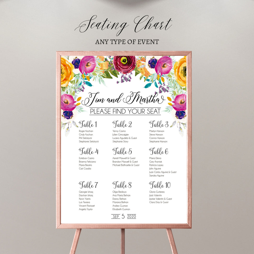 Seating Chart Board, Floral Bridal Shower Guest List Chart Seating Chart, Template Or Printed Any Color SCW0012