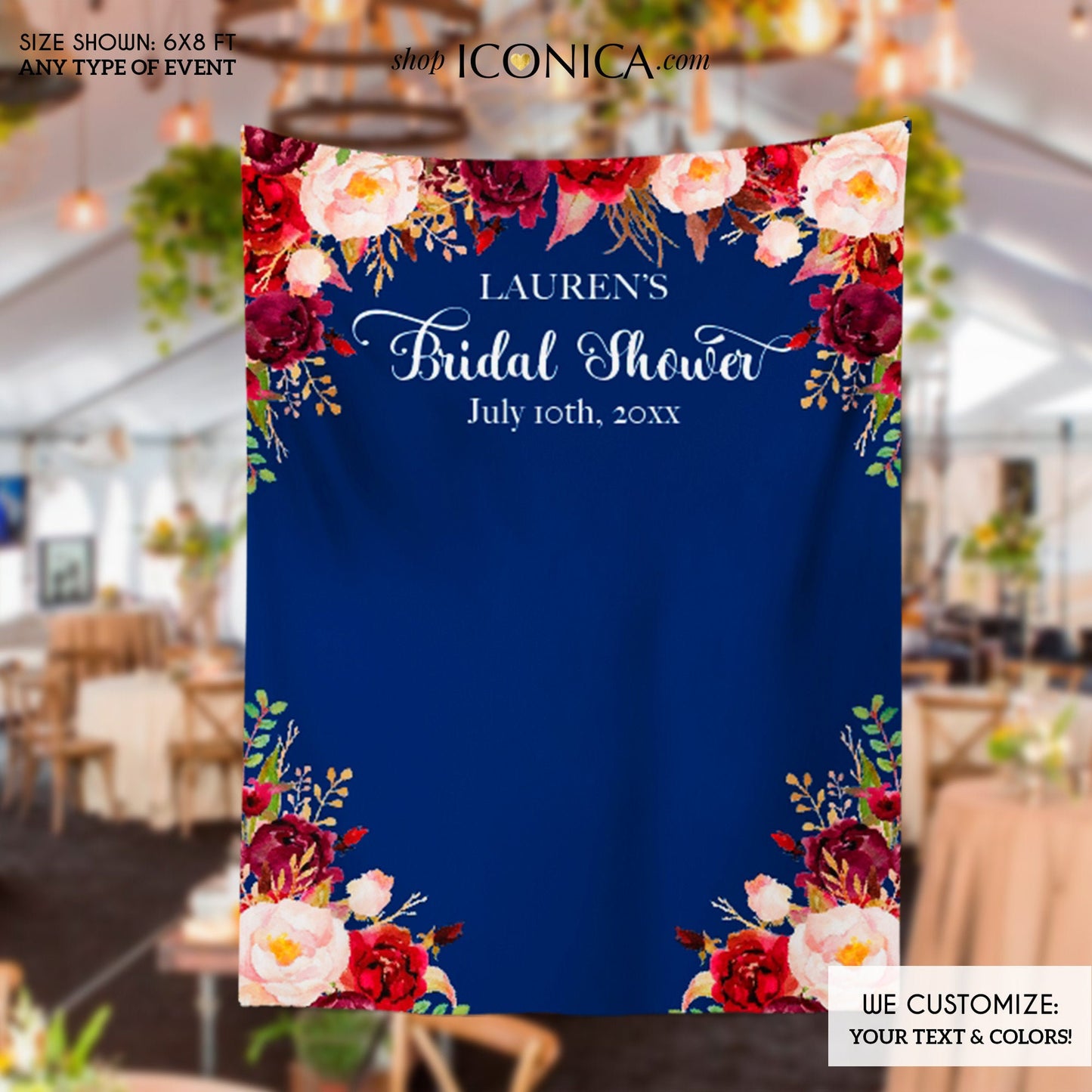 Bridal Shower Backdrop for reception Floral Burgundy and Navy Backdrop Personalized Bridal Shower Backdrop Wedding Photo Booth Backdrop
