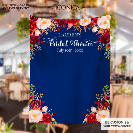Bridal Shower Backdrop for reception Floral Burgundy and Navy Backdrop Personalized Bridal Shower Backdrop Wedding Photo Booth Backdrop