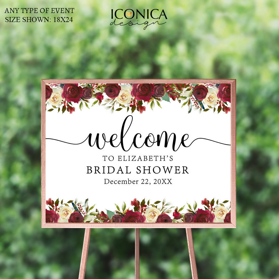 Boho Chic Bridal Shower Welcome Sign Burgundy Red Floral and Navy Feathers Sign Printed Boho Chic Welcome Sign {Cherish Collection}