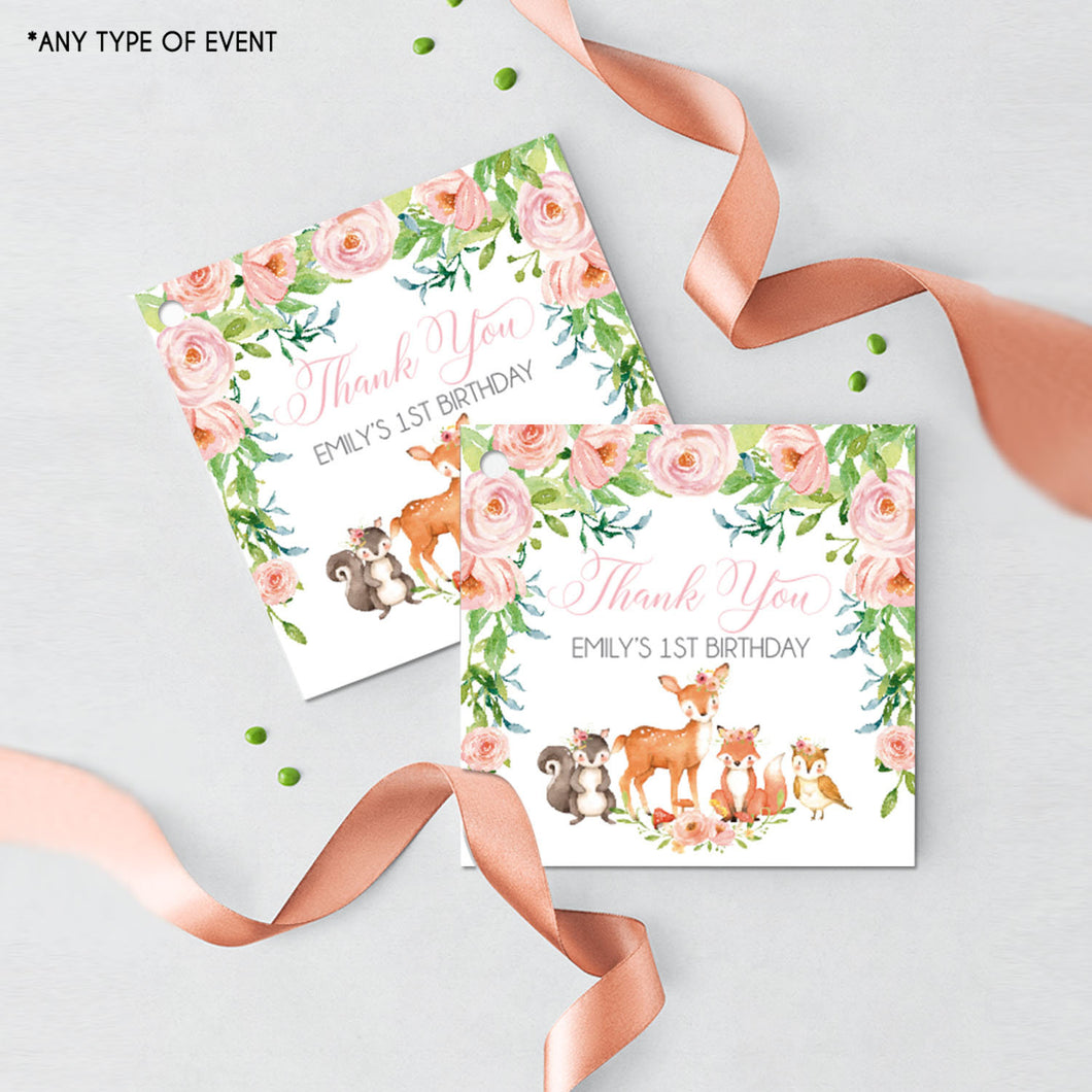 Woodland Favor Tags Forest Animals Thank You Tags Pink Woodland Gift tags Pink Floral Woodland Favor Labels{Pink Floral Woodland Collection}