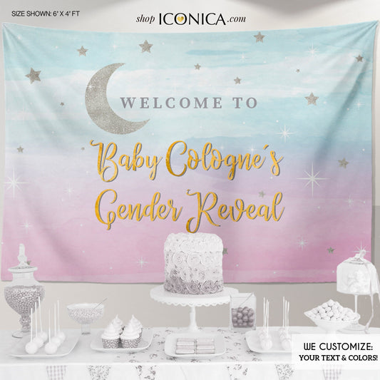Virtual Baby Shower Backdrop - Twinkle Backdrop Personalized Gender Reveal Banner- Boy or Girl Decor - Pink or Blue Decorations
