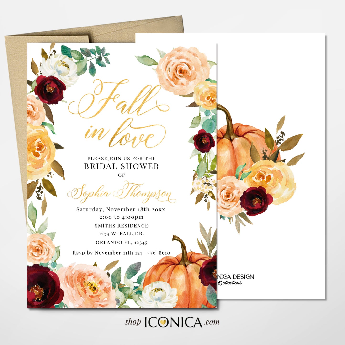 Fall in Love Bridal Shower Invitation,Fall Engagement party invitation,Fall Leaves, Fall dinner party Invite {Amber Collection}