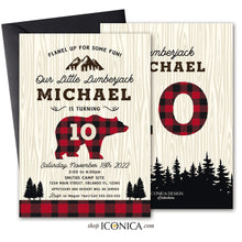 Load image into Gallery viewer, Lumberjack Birthday Card Printed Buffalo plaid invitation - Christmas Winter cards - Lumberjack invitation
