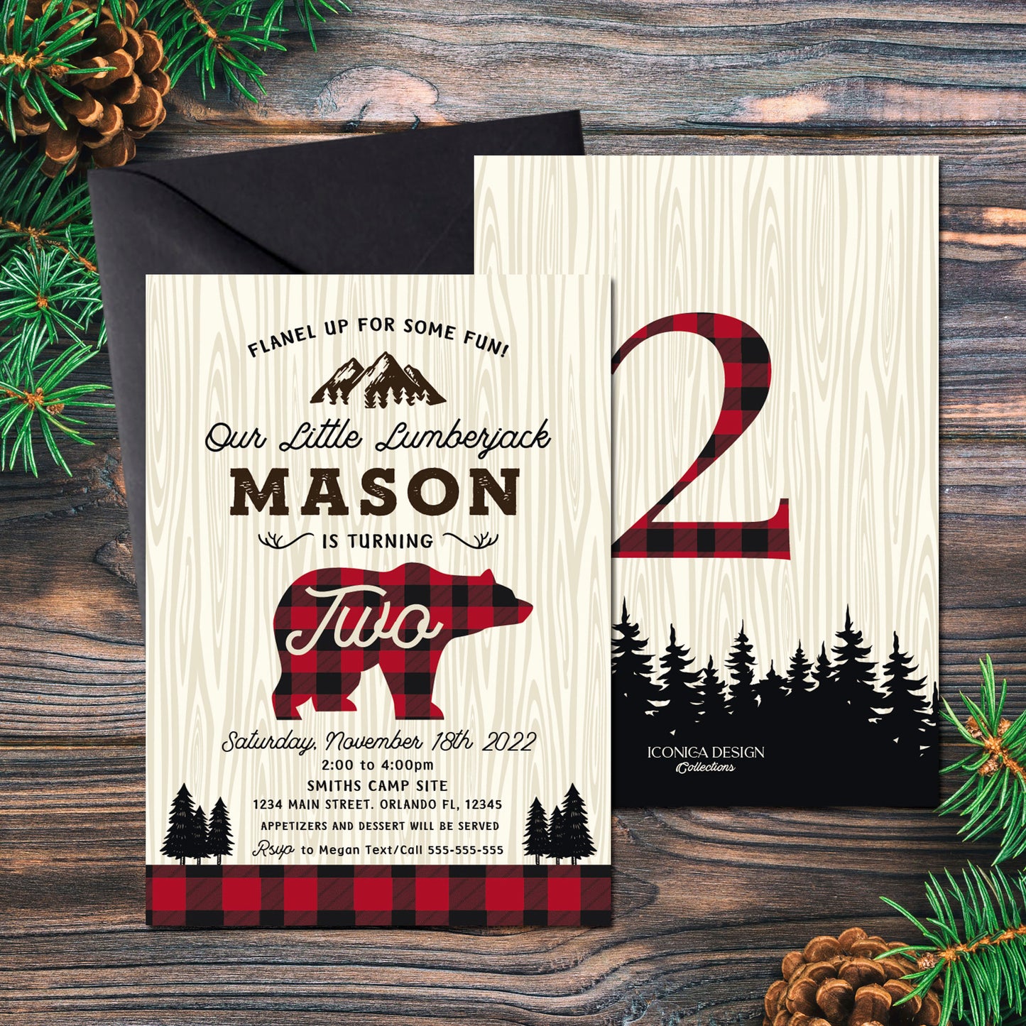 Lumberjack Birthday Card Printed Buffalo plaid invitation - Christmas Winter cards - Lumberjack invitation