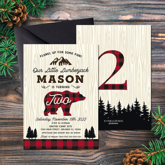 Lumberjack Birthday Card Printed Buffalo plaid invitation - Christmas Winter cards - Lumberjack invitation