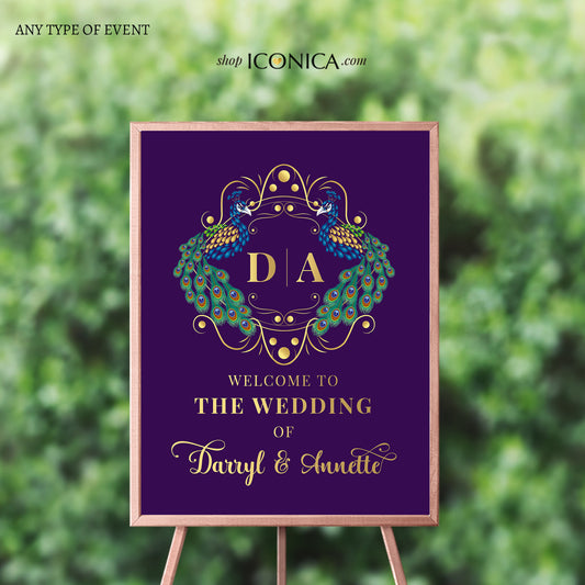 Peacock Wedding Welcome Sign Personalized Printed Peacock Welcome Sign Deep Purple Green and Gold {Annette Collection}