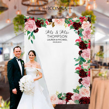 Load image into Gallery viewer, Wedding Backdrop Burgundy Mauve and Blush Pink Backdrop Personalized Fall Wedding Step and Repeat Engagement Party Burgundy Floral backdrop
