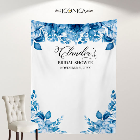 Blue Bridal Shower Backdrop for reception Floral Backdrop Personalized Bridal Shower Backdrop Blue Wedding Photo Booth {Celestia Collection}