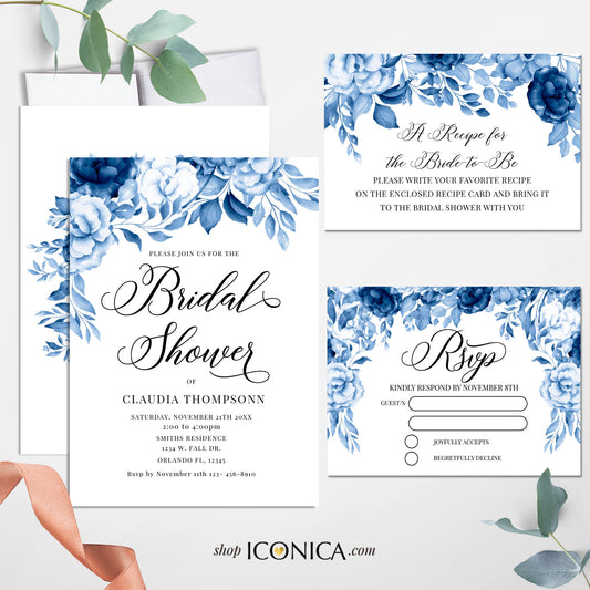 Bridal Shower Invitation Blue Floral, Blue Engagement Winter Party invitation, Blue Garden Invite, Blue Engagement Party Card {Celestia Collection}