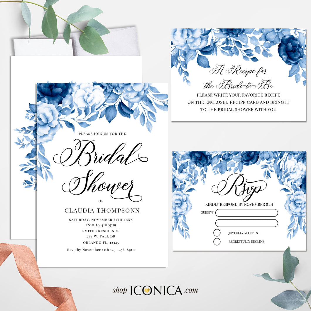 Bridal Shower Invitation Blue Floral, Blue Engagement Winter Party invitation, Blue Garden Invite, Blue Engagement Party Card {Celestia Collection}