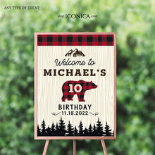 Load image into Gallery viewer, Lumberjack Birthday Welcome Sign Personalized Printed Buffalo Plaid Welcome Sign Checked Plaid Red and Black plaid Lumberjack Welcome sign

