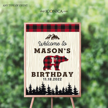 Load image into Gallery viewer, Lumberjack Baby Shower Welcome Sign Personalized Printed Buffalo Plaid Welcome Sign Checked Plaid Red &amp; Black plaid Lumberjack Welcome sign
