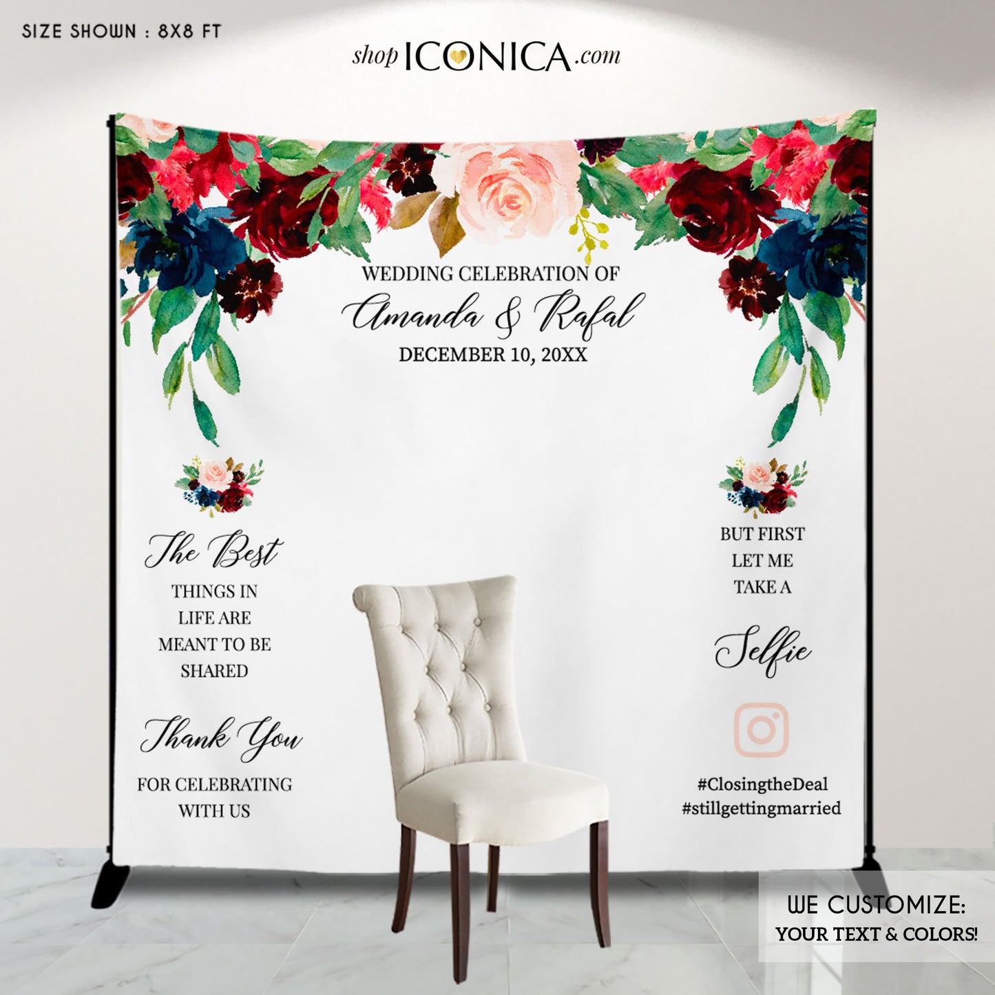 Wedding Backdrop for Reception Navy and Burgundy Wedding Decor Engagement Party Photo backdrop Personalized Step And Repeat {Ava Collection}