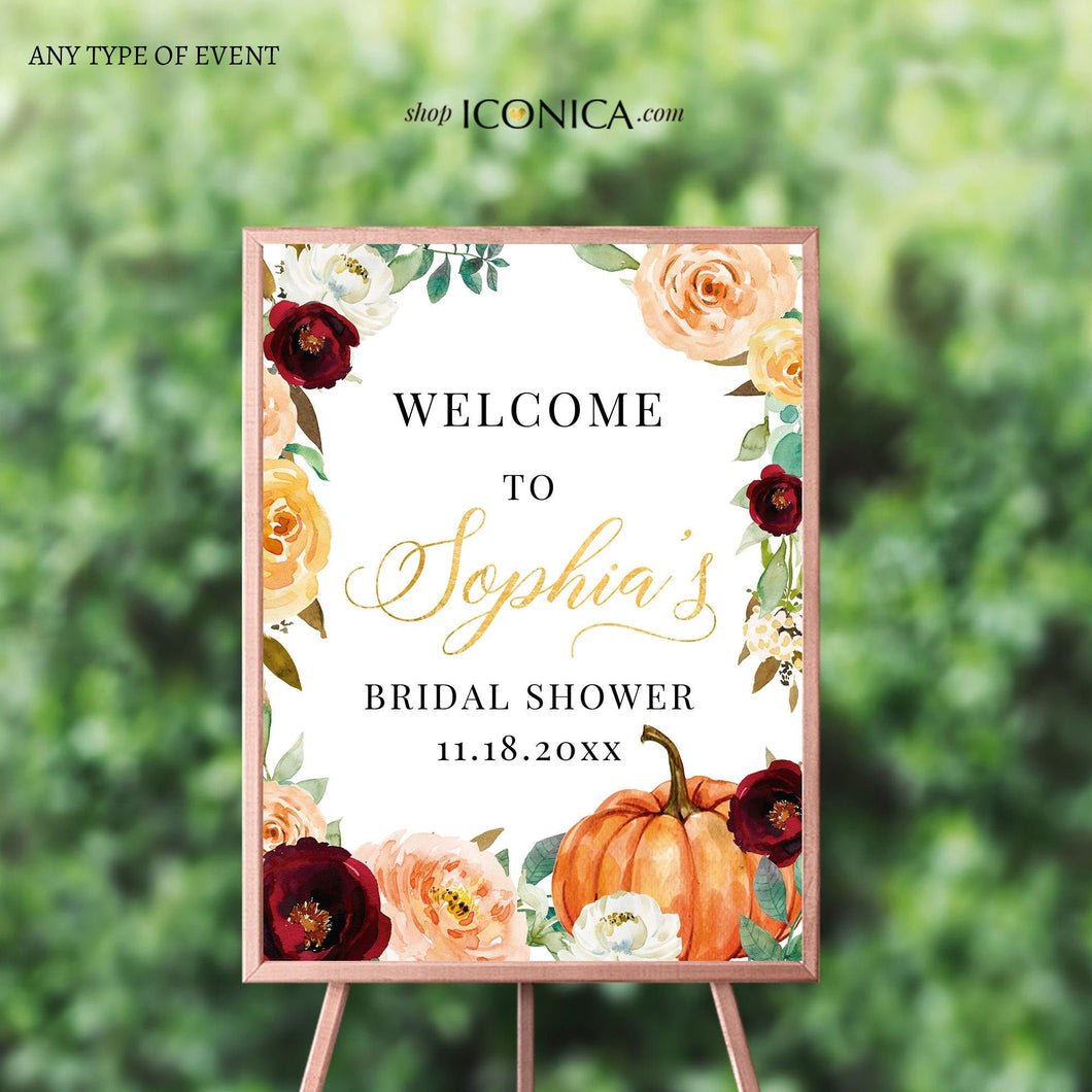 Fall in love Bridal Shower Welcome Sign Personalized Printed Fall leaves Welcome Sign Orange and White Fall Bridal Shower {Amber Collection}