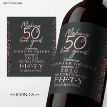 Load image into Gallery viewer, 50th Birthday Wine Label Personalized Any Age Milestone Birthday Beverage Labels Beer or Champagne labels Wedding Champagne Label Retirement
